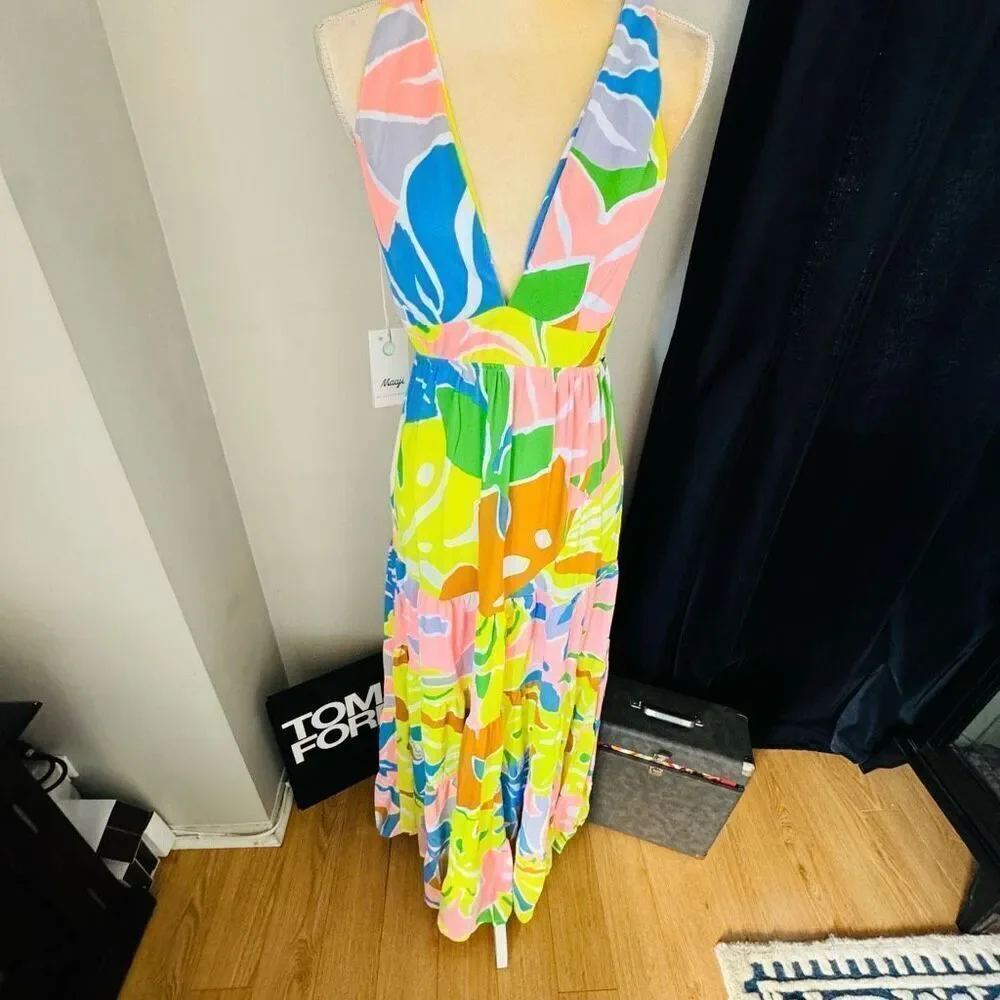 Maaji Selvatik Marea Knit Cover-Up Maxi Dress, Yellow/Blue‎ Size Small 2/4, NWT